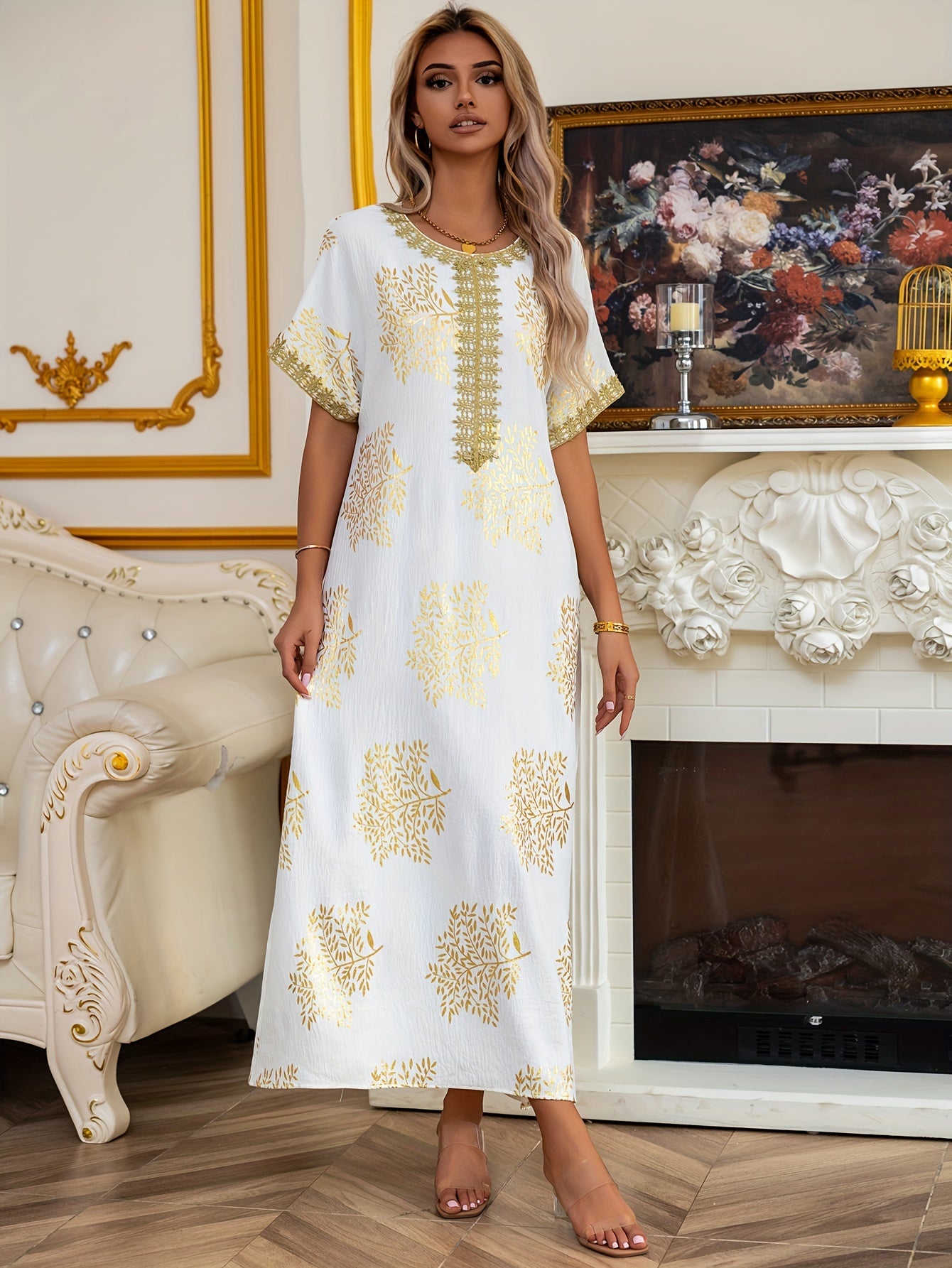 Robe Abaya Élégante à Manches Courtes et Col Rond, Longueur Maxi pour Femmes