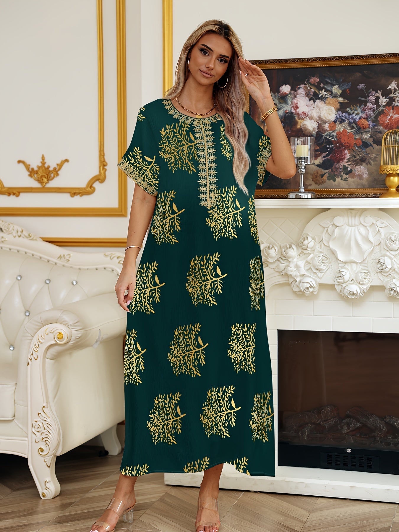 Robe Abaya Élégante à Manches Courtes et Col Rond, Longueur Maxi pour Femmes