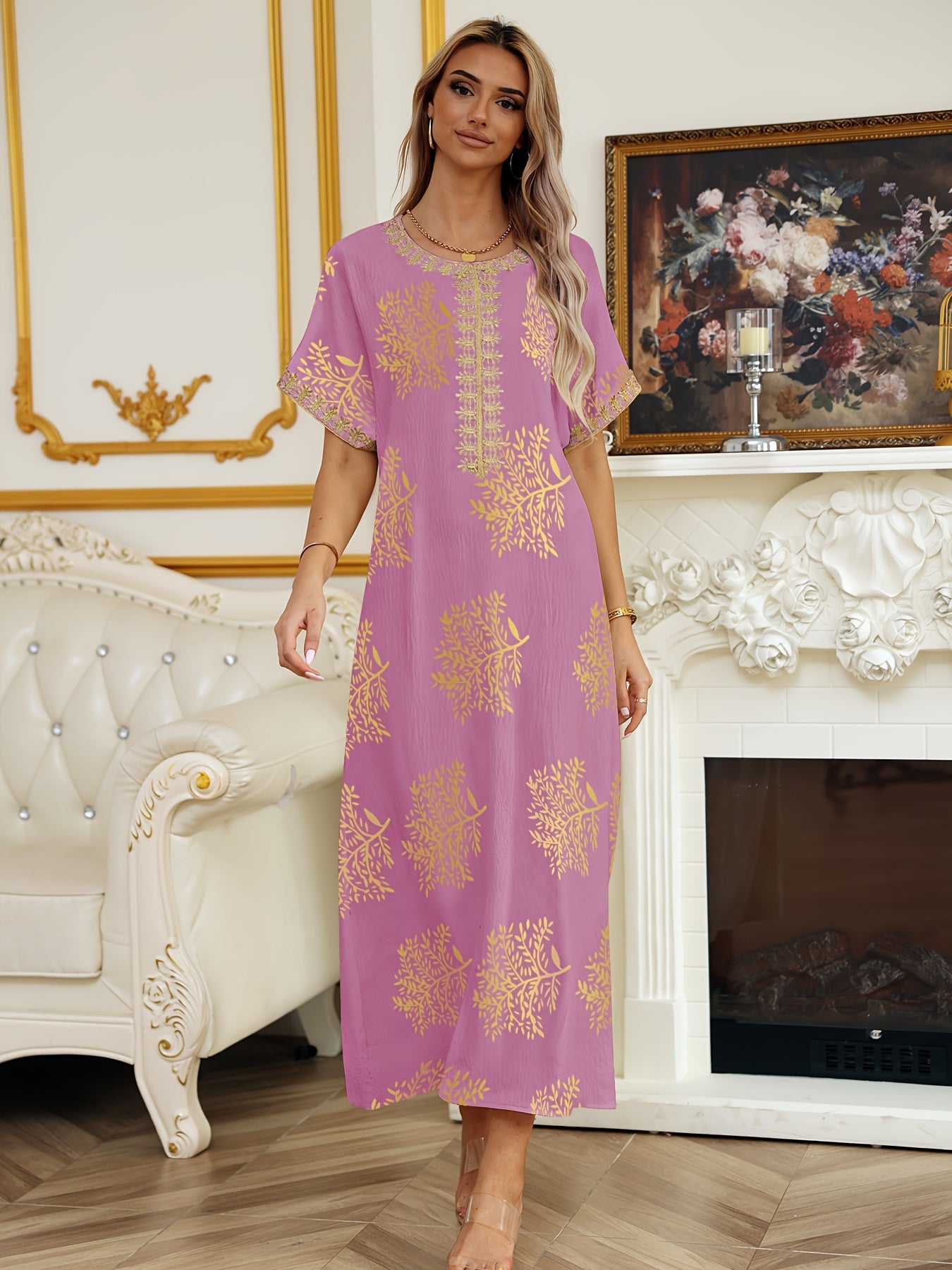Robe Abaya Élégante à Manches Courtes et Col Rond, Longueur Maxi pour Femmes