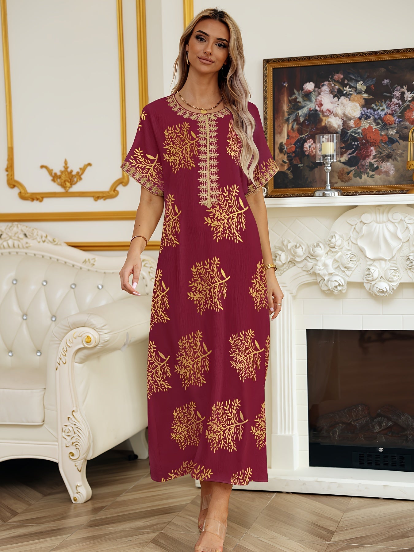 Robe Abaya Élégante à Manches Courtes et Col Rond, Longueur Maxi pour Femmes