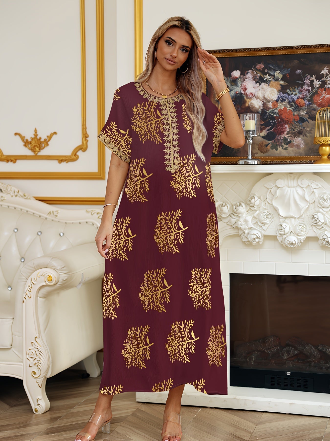 Robe Abaya Élégante à Manches Courtes et Col Rond, Longueur Maxi pour Femmes
