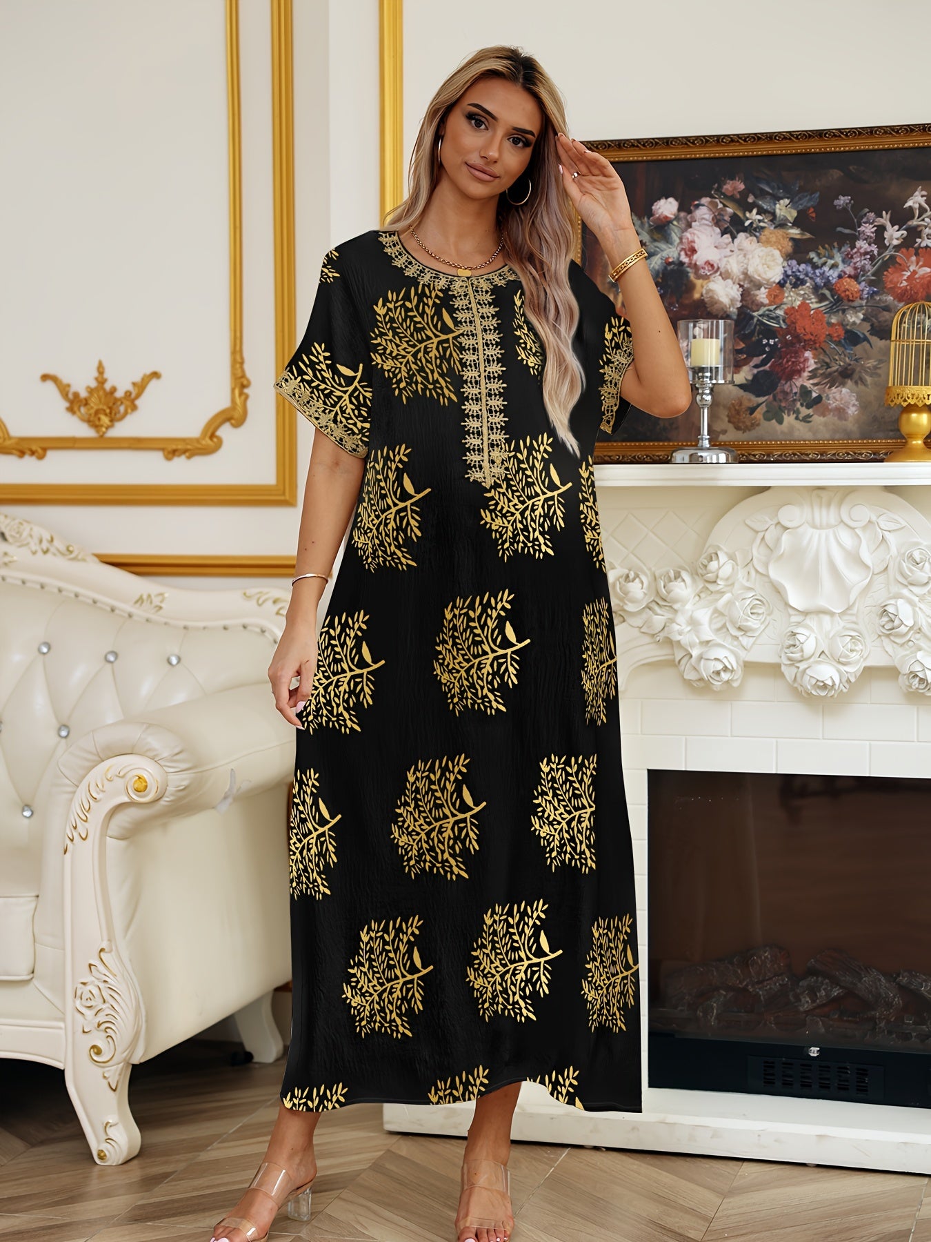 Robe Abaya Élégante à Manches Courtes et Col Rond, Longueur Maxi pour Femmes