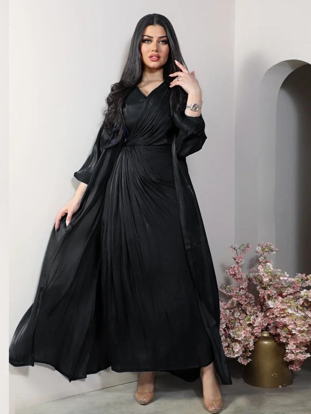 Abaya satinée pour femme, robe de soirée marocaine, caftan Eid, outfit élégant