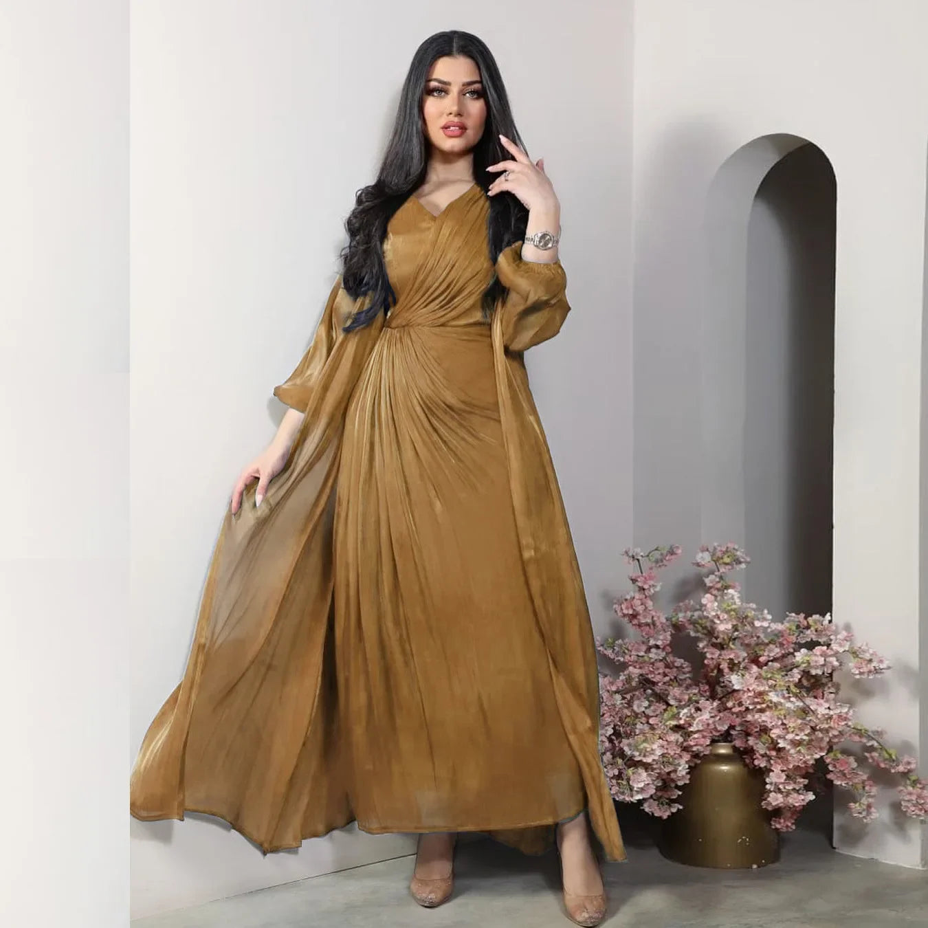 Abaya satinée pour femme, robe de soirée marocaine, caftan Eid, outfit élégant
