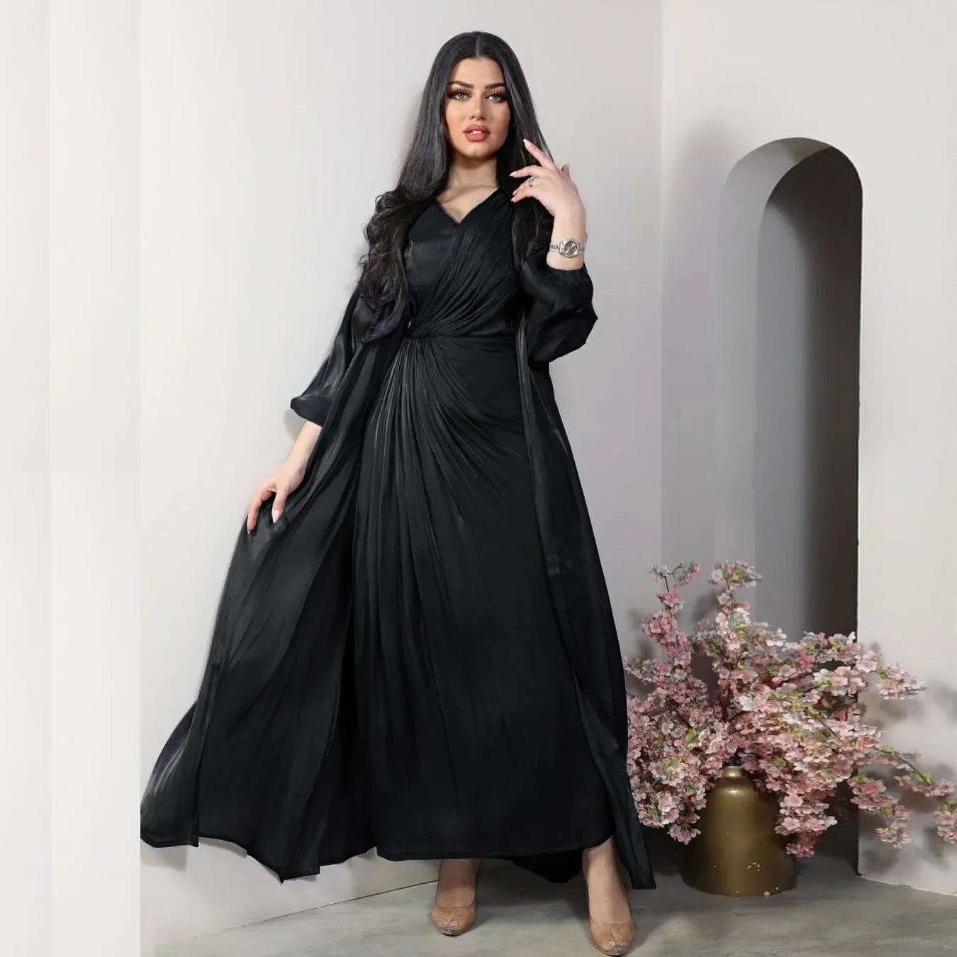 Abaya satinée pour femme, robe de soirée marocaine, caftan Eid, outfit élégant