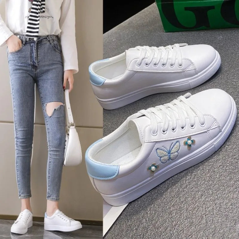 Chaussures blanches cuir femme à lacets, style décontracté, mode printemps