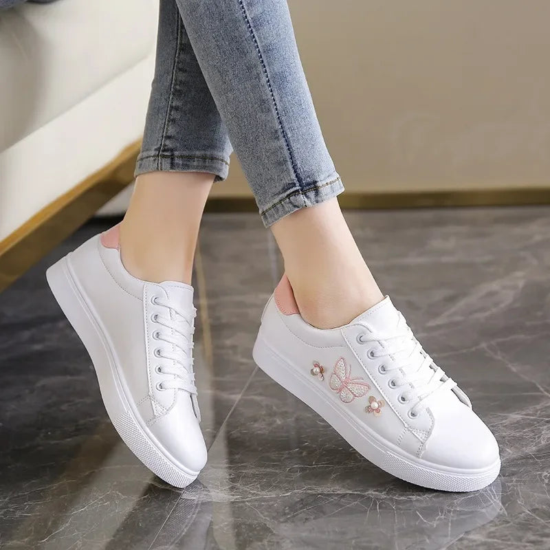 Chaussures blanches cuir femme à lacets, style décontracté, mode printemps