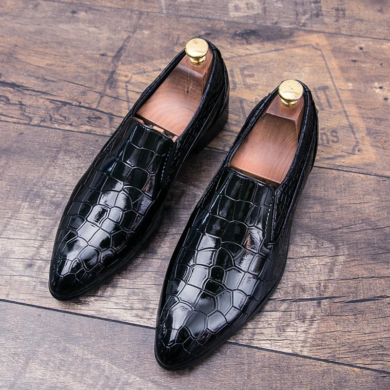 Chaussures crocodile et carreaux en cuir pour hommes, tendance noire