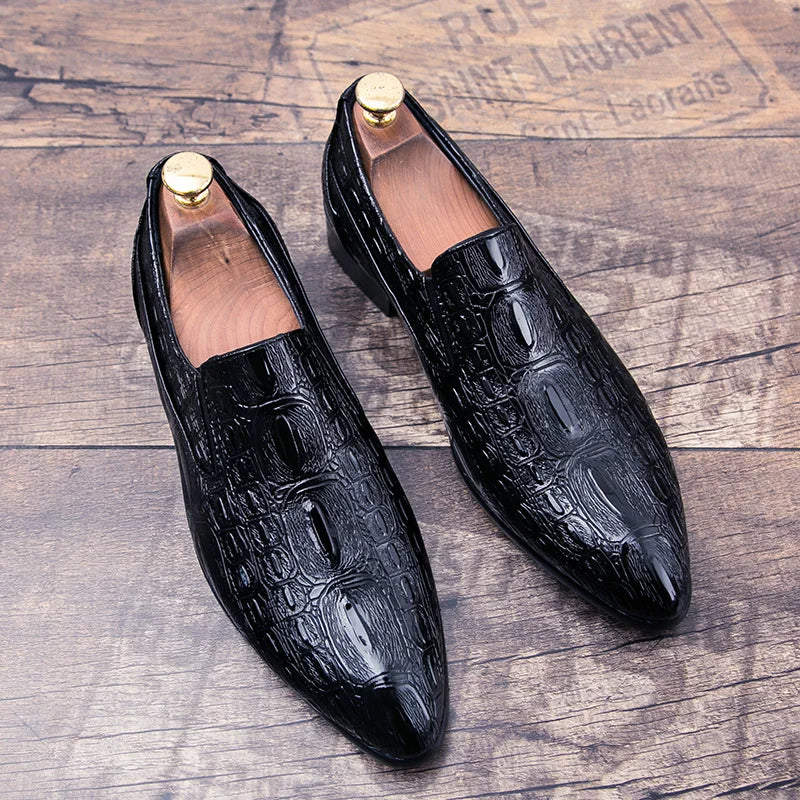 Chaussures crocodile et carreaux en cuir pour hommes, tendance noire