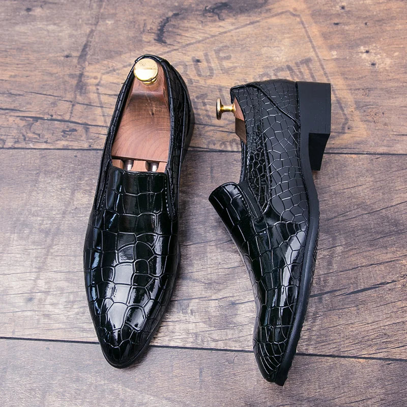 Chaussures crocodile et carreaux en cuir pour hommes, tendance noire