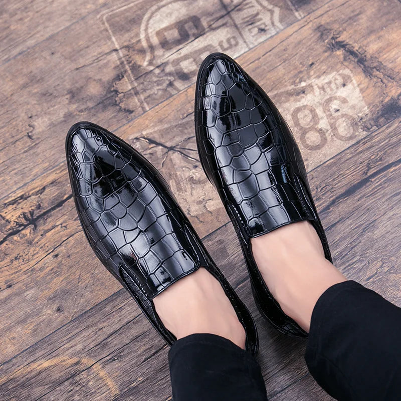 Chaussures crocodile et carreaux en cuir pour hommes, tendance noire