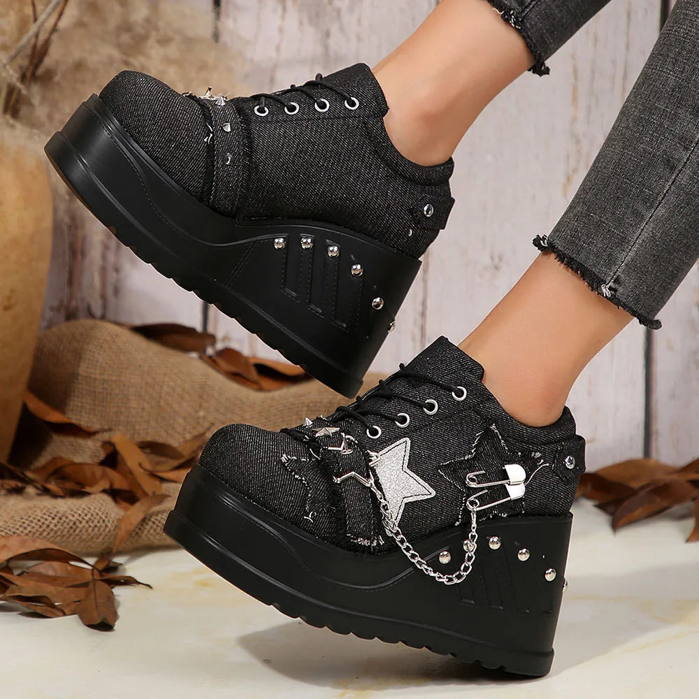 Plateforme Chunky Punk Wedges Denim pour femmes, chaussures gothiques, JOFashion