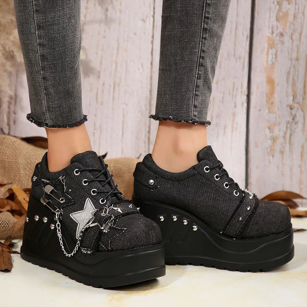 Plateforme Chunky Punk Wedges Denim pour femmes, chaussures gothiques, JOFashion