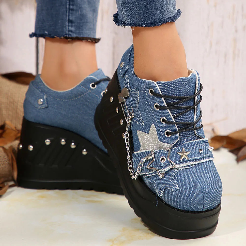 Plateforme Chunky Punk Wedges Denim pour femmes, chaussures gothiques, JOFashion