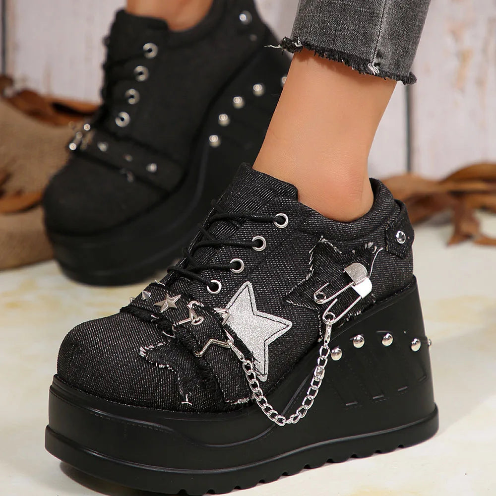 Plateforme Chunky Punk Wedges Denim pour femmes, chaussures gothiques, JOFashion