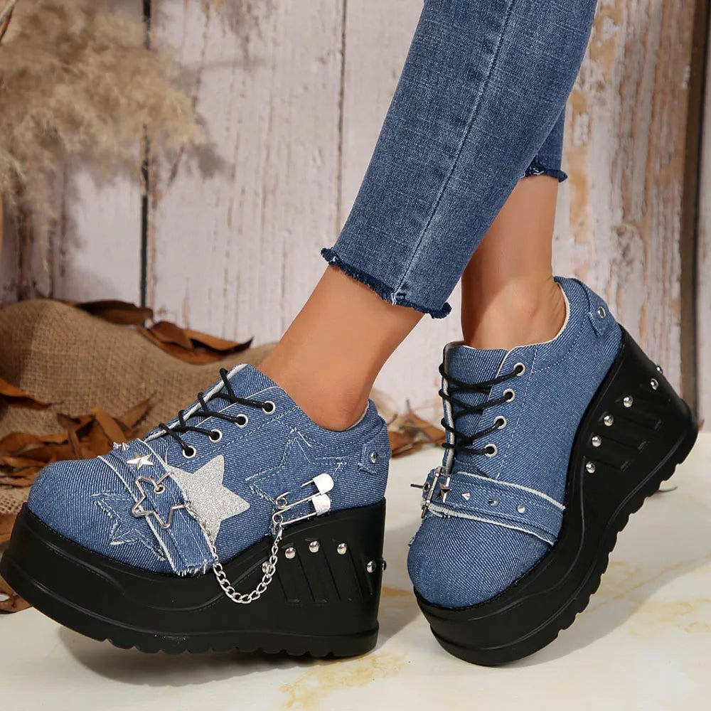 Plateforme Chunky Punk Wedges Denim pour femmes, chaussures gothiques, JOFashion