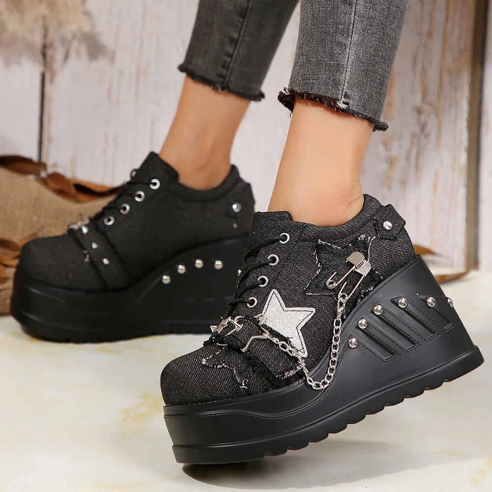 Plateforme Chunky Punk Wedges Denim pour femmes, chaussures gothiques, JOFashion