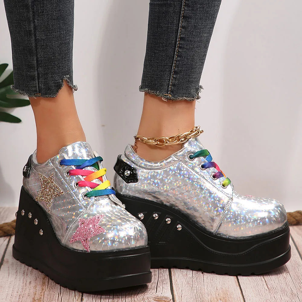 Plateforme Chunky Punk Wedges Denim pour femmes, chaussures gothiques, JOFashion