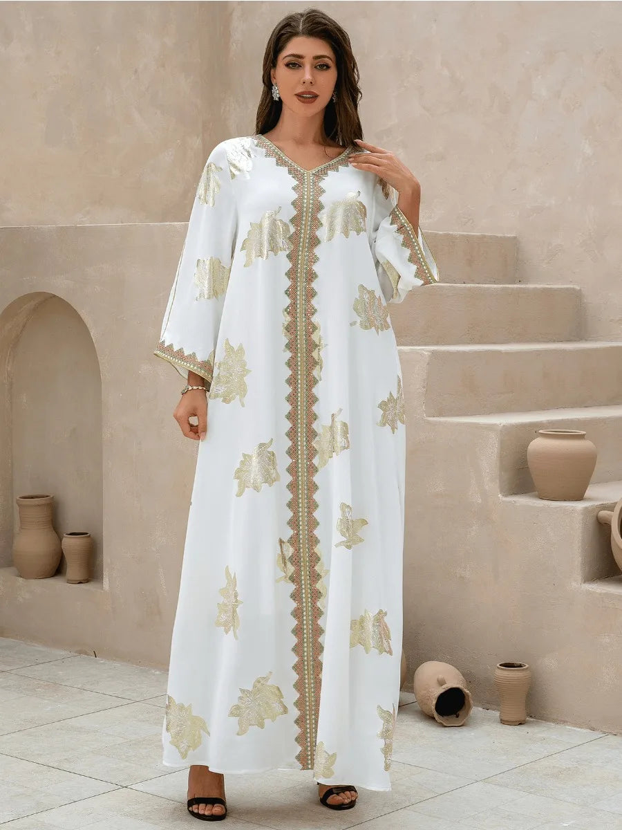 Robe de soirée musulmane avec col en V: Abaya, Jalabiya, Kaftan - Couleur Blanc