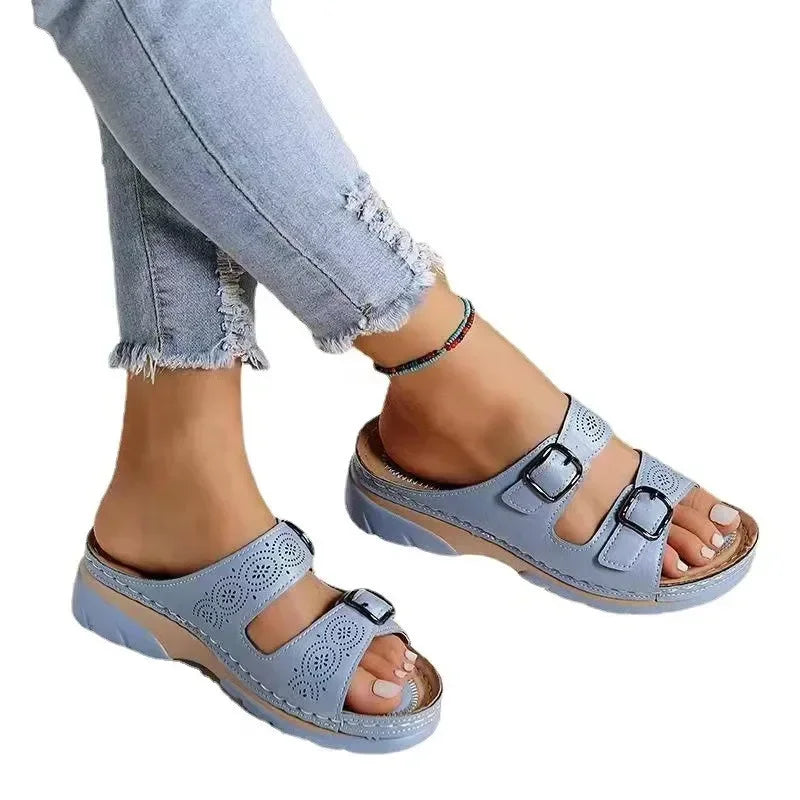 Sandales compensées bouton double, plates-formes confortables, été 2024