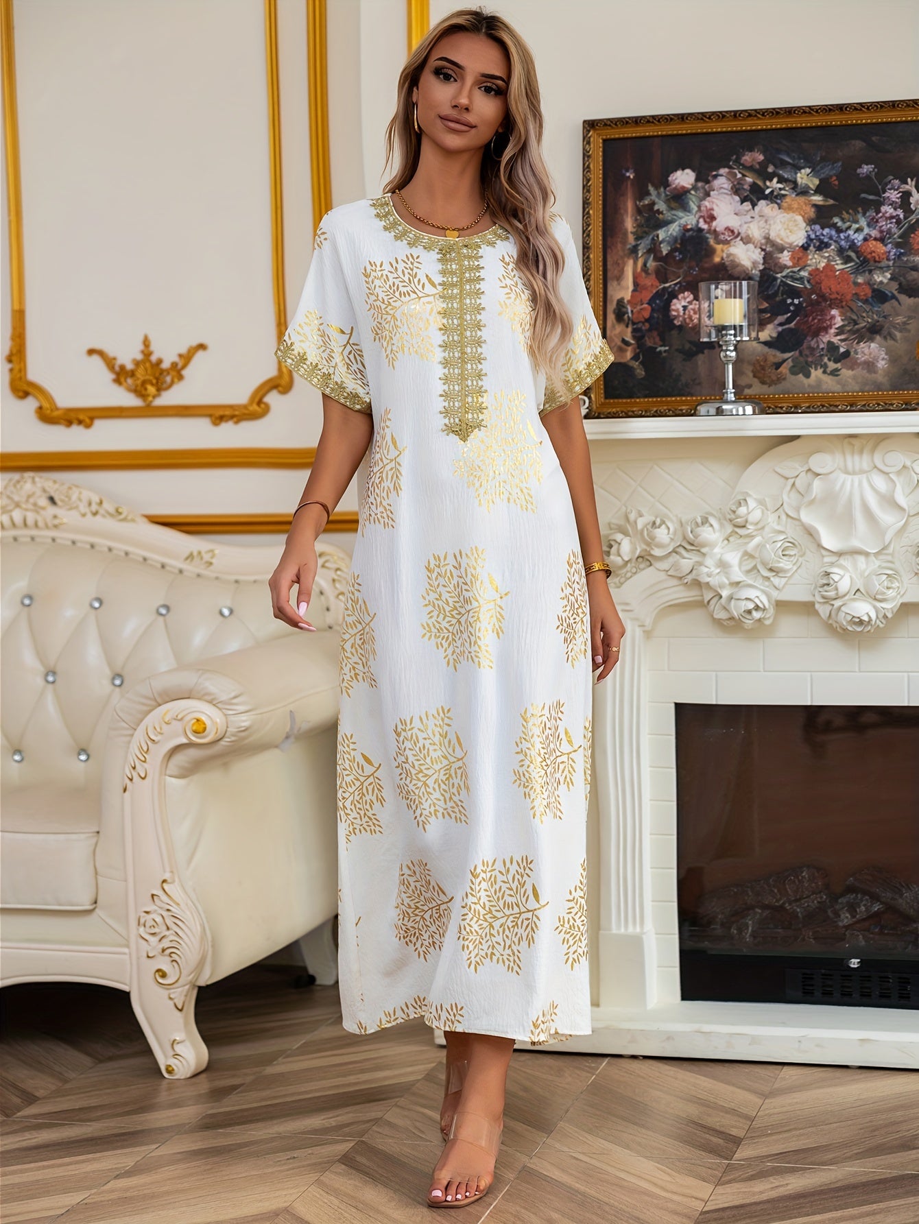 Robe Abaya Élégante à Manches Courtes et Col Rond, Longueur Maxi pour Femmes