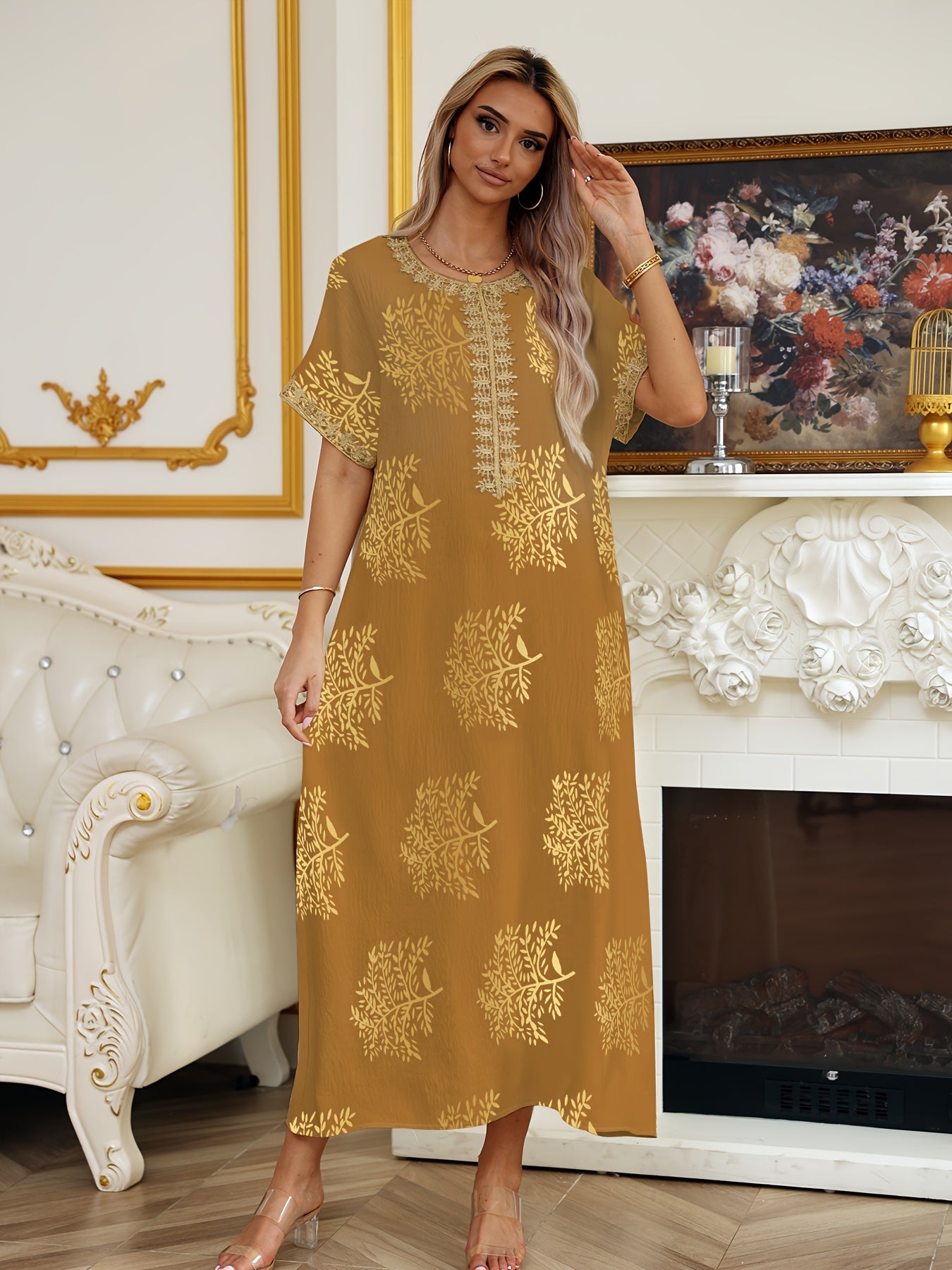 Robe Abaya Élégante à Manches Courtes et Col Rond, Longueur Maxi pour Femmes