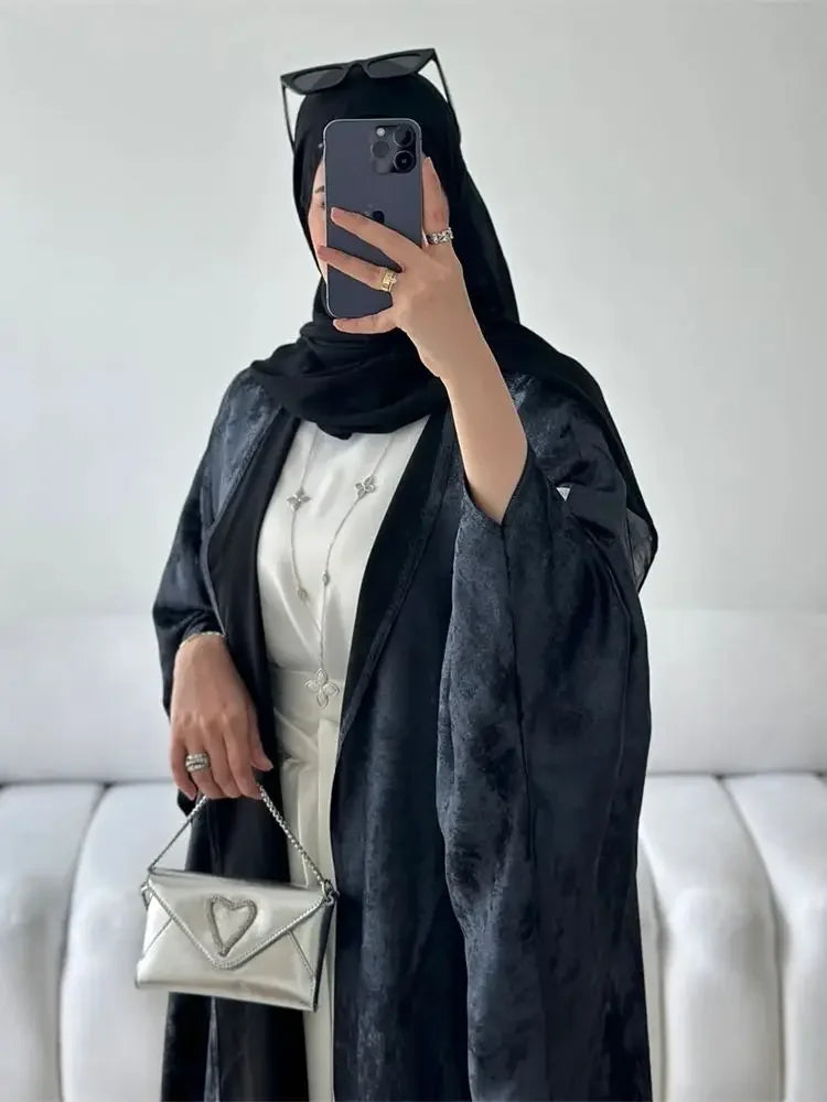 Abaya-Kimono ouvert en satin brillant pour femmes - Vêtements islamiques luxe 2024