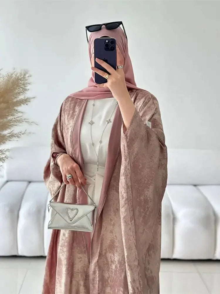 Abaya-Kimono ouvert en satin brillant pour femmes - Vêtements islamiques luxe 2024