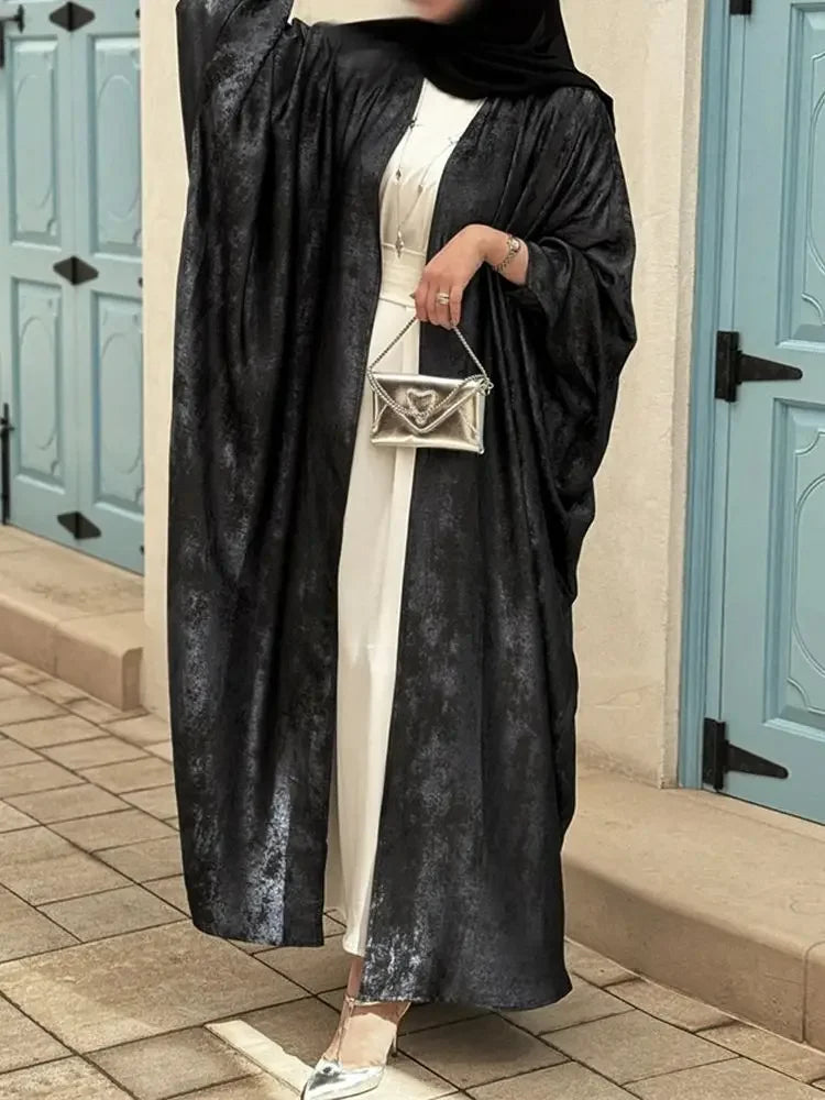 Abaya-Kimono ouvert en satin brillant pour femmes - Vêtements islamiques luxe 2024