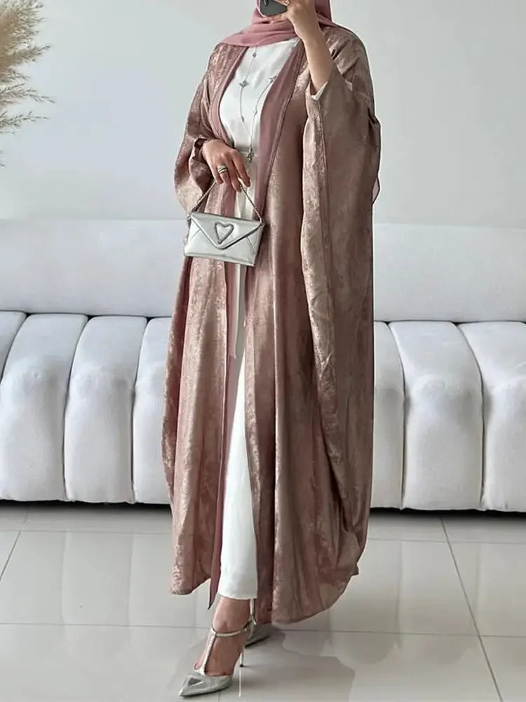 Abaya-Kimono ouvert en satin brillant pour femmes - Vêtements islamiques luxe 2024