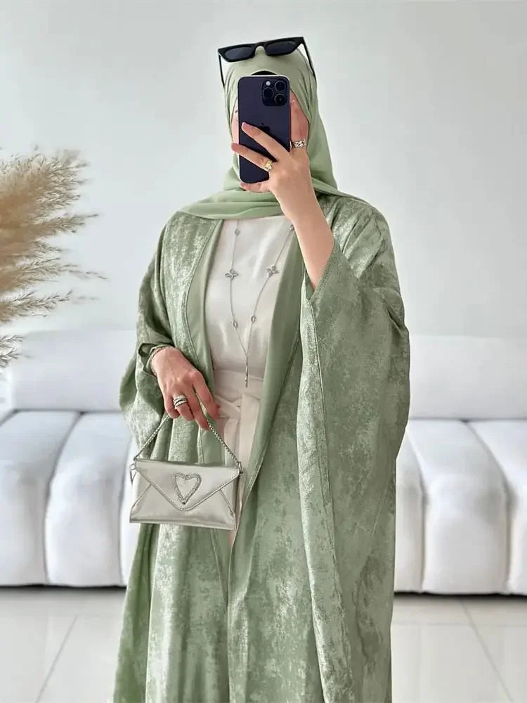 Abaya-Kimono ouvert en satin brillant pour femmes - Vêtements islamiques luxe 2024
