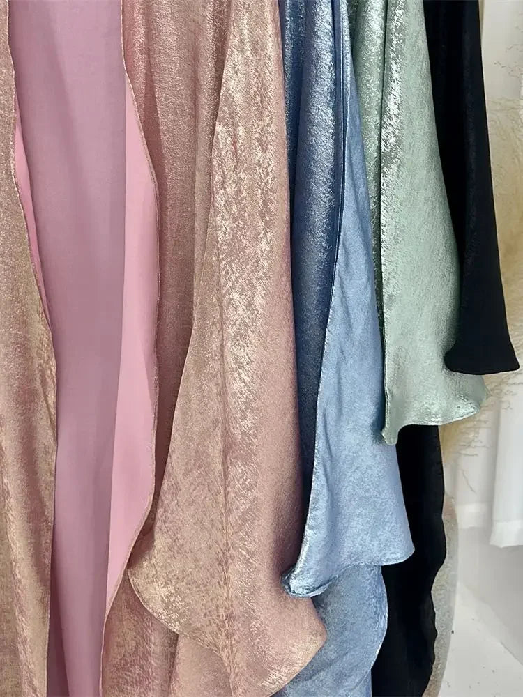 Abaya-Kimono ouvert en satin brillant pour femmes - Vêtements islamiques luxe 2024
