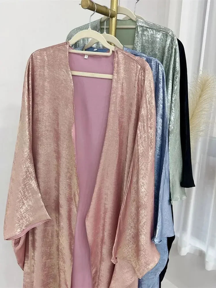 Abaya-Kimono ouvert en satin brillant pour femmes - Vêtements islamiques luxe 2024