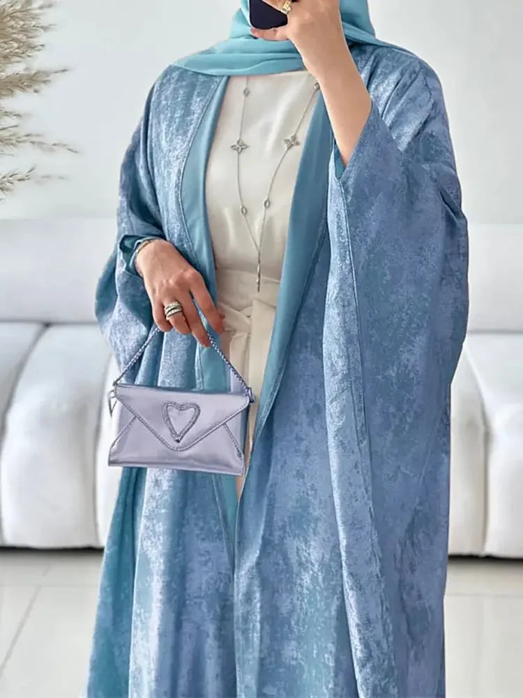 Abaya-Kimono ouvert en satin brillant pour femmes - Vêtements islamiques luxe 2024