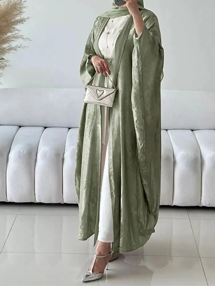 Abaya-Kimono ouvert en satin brillant pour femmes - Vêtements islamiques luxe 2024