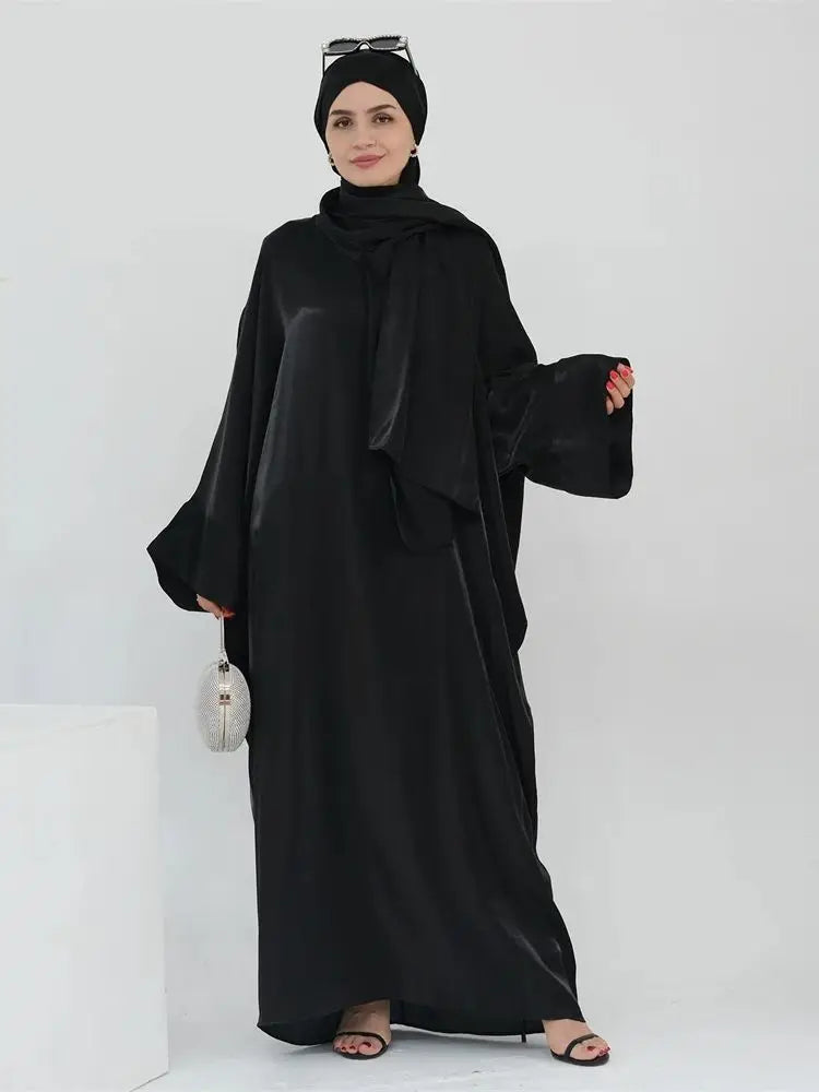 Abaya en satin pour femme, robe musulmane de luxe & hijab - collection Dubai 2024