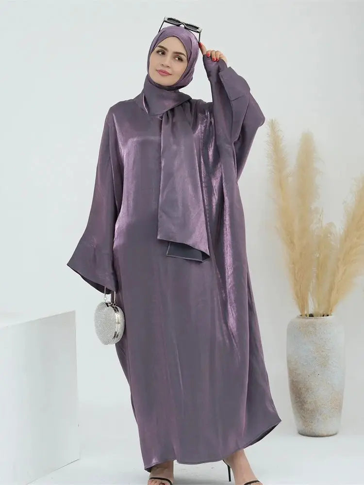 Abaya en satin pour femme, robe musulmane de luxe & hijab - collection Dubai 2024