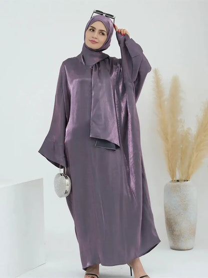 Abaya en satin pour femme, robe musulmane de luxe & hijab - collection Dubai 2024