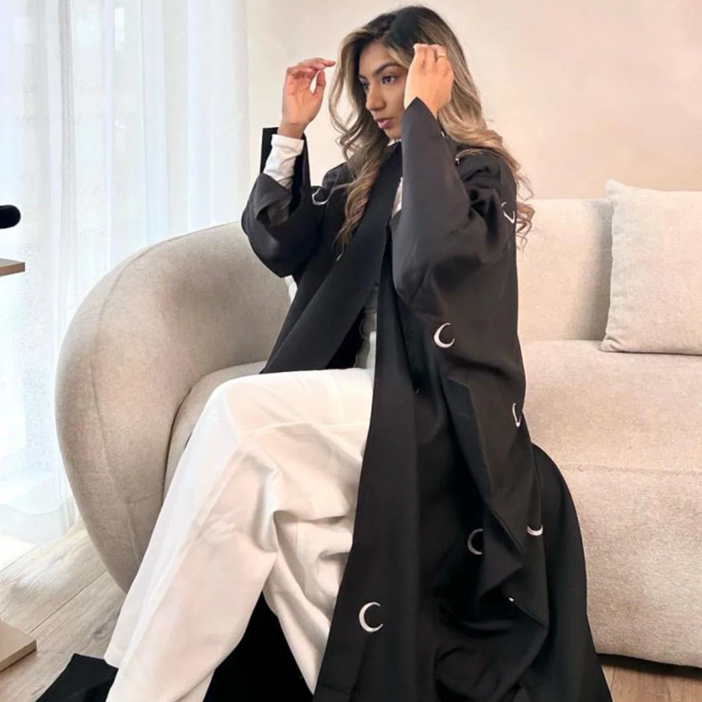 Abaya en coton et lin avec broderie de lune - Kimono luxe pour femme