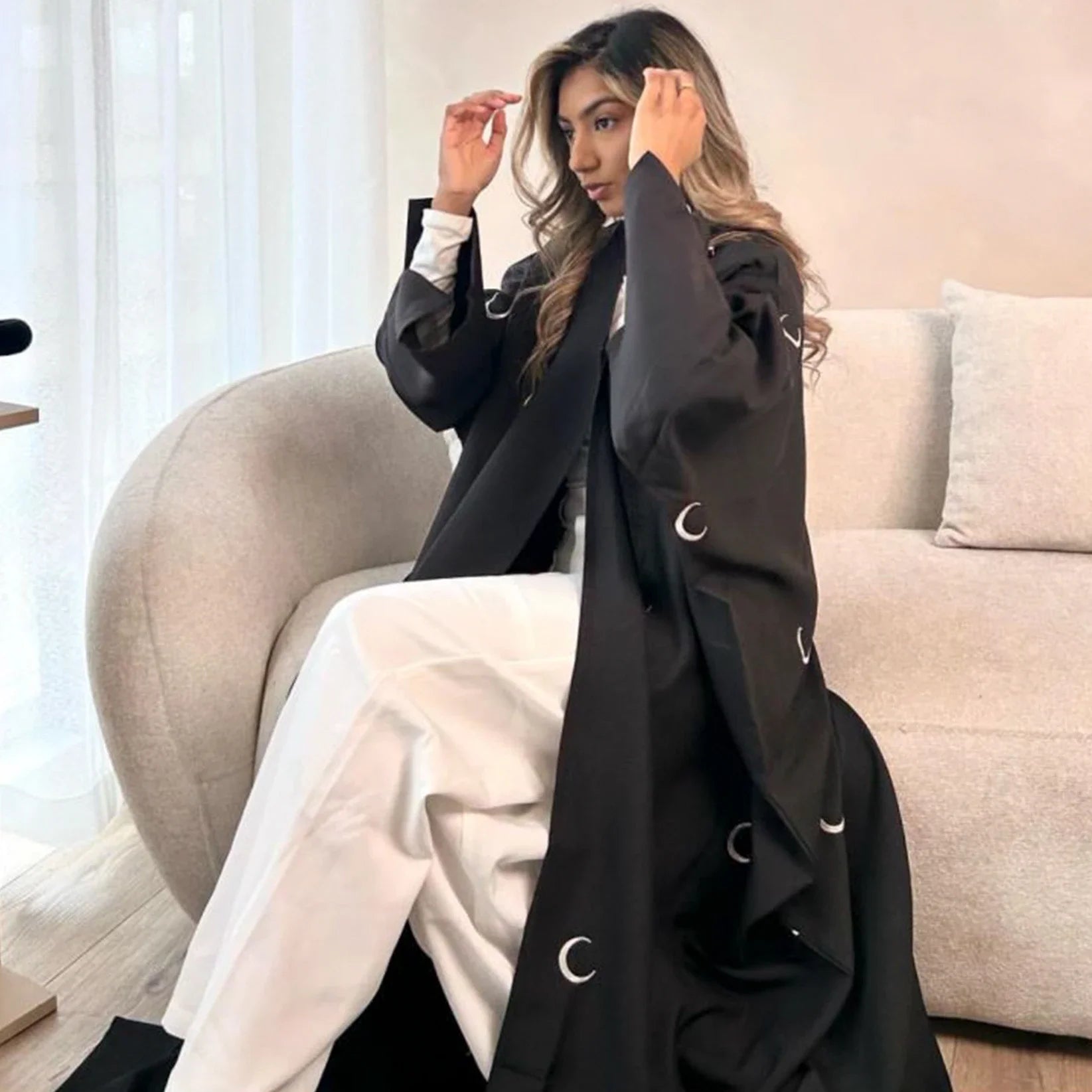 Abaya en coton et lin avec broderie de lune - Kimono luxe pour femme