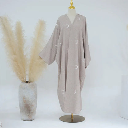 Abaya en coton et lin avec broderie de lune - Kimono luxe pour femme