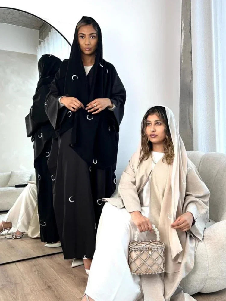 Abaya en coton et lin avec broderie de lune - Kimono luxe pour femme