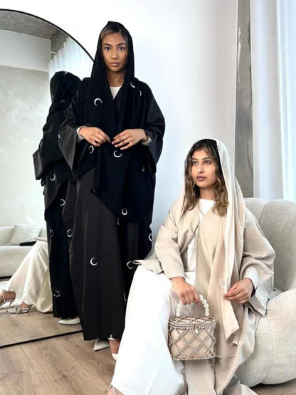 Abaya en coton et lin avec broderie de lune - Kimono luxe pour femme