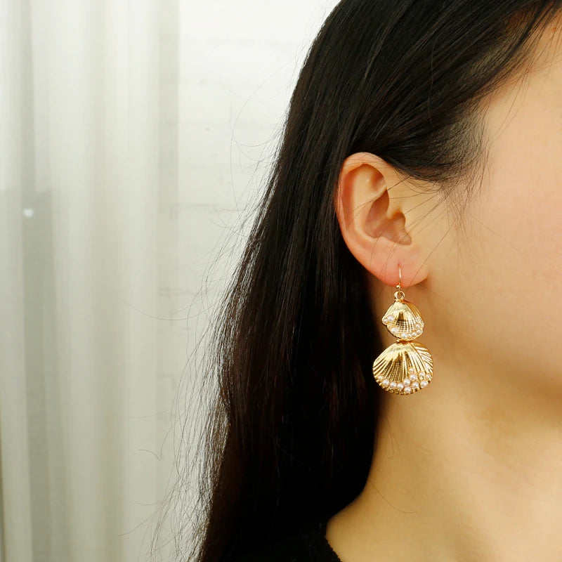 Boucles d'Oreilles Créatives en Or pour Femme, Bijoux Plage Texture Géométrique Coquillage Ete