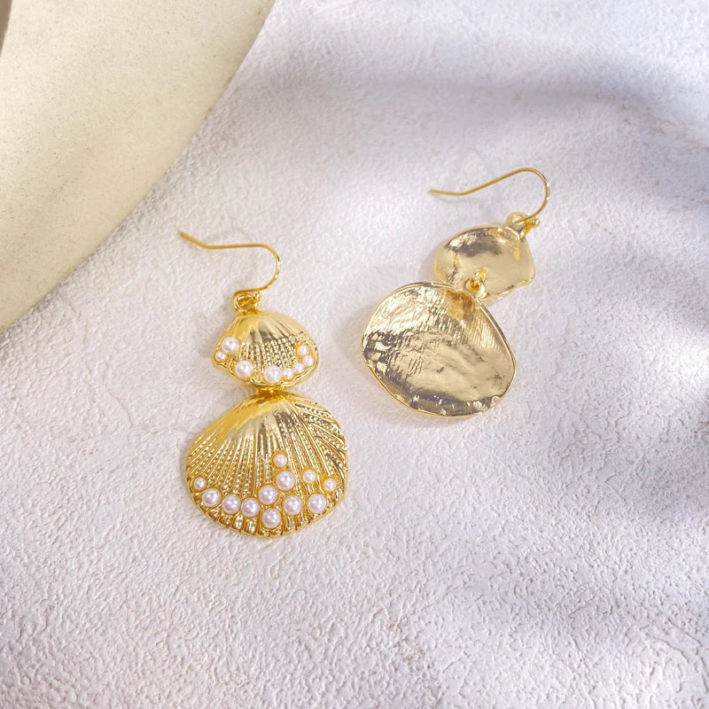 Boucles d'Oreilles Créatives en Or pour Femme, Bijoux Plage Texture Géométrique Coquillage Ete