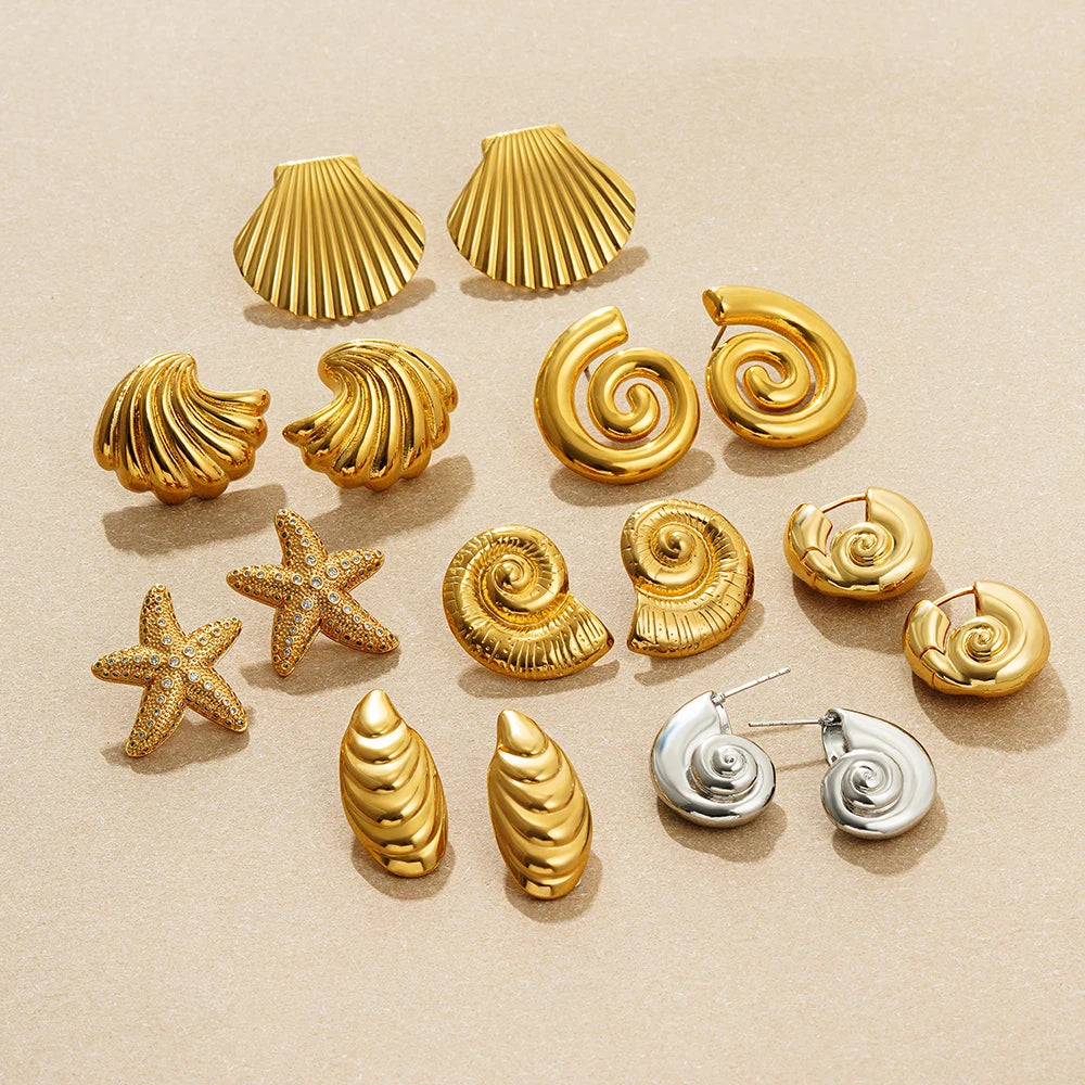 Boucles d'Oreilles en Acier Inoxydable Plaqué Or Escargot Bergame Coquillage