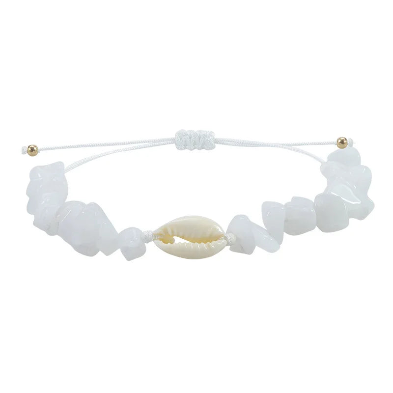 Bracelet Pierre Naturelle Graviers Coquillages Main Ajustable Femme