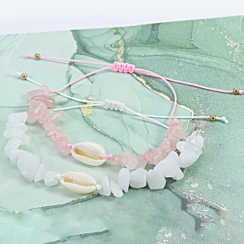 Bracelet Pierre Naturelle Graviers Coquillages Main Ajustable Femme