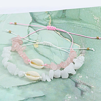 Bracelet Pierre Naturelle Graviers Coquillages Main Ajustable Femme