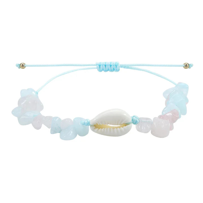 Bracelet Pierre Naturelle Graviers Coquillages Main Ajustable Femme